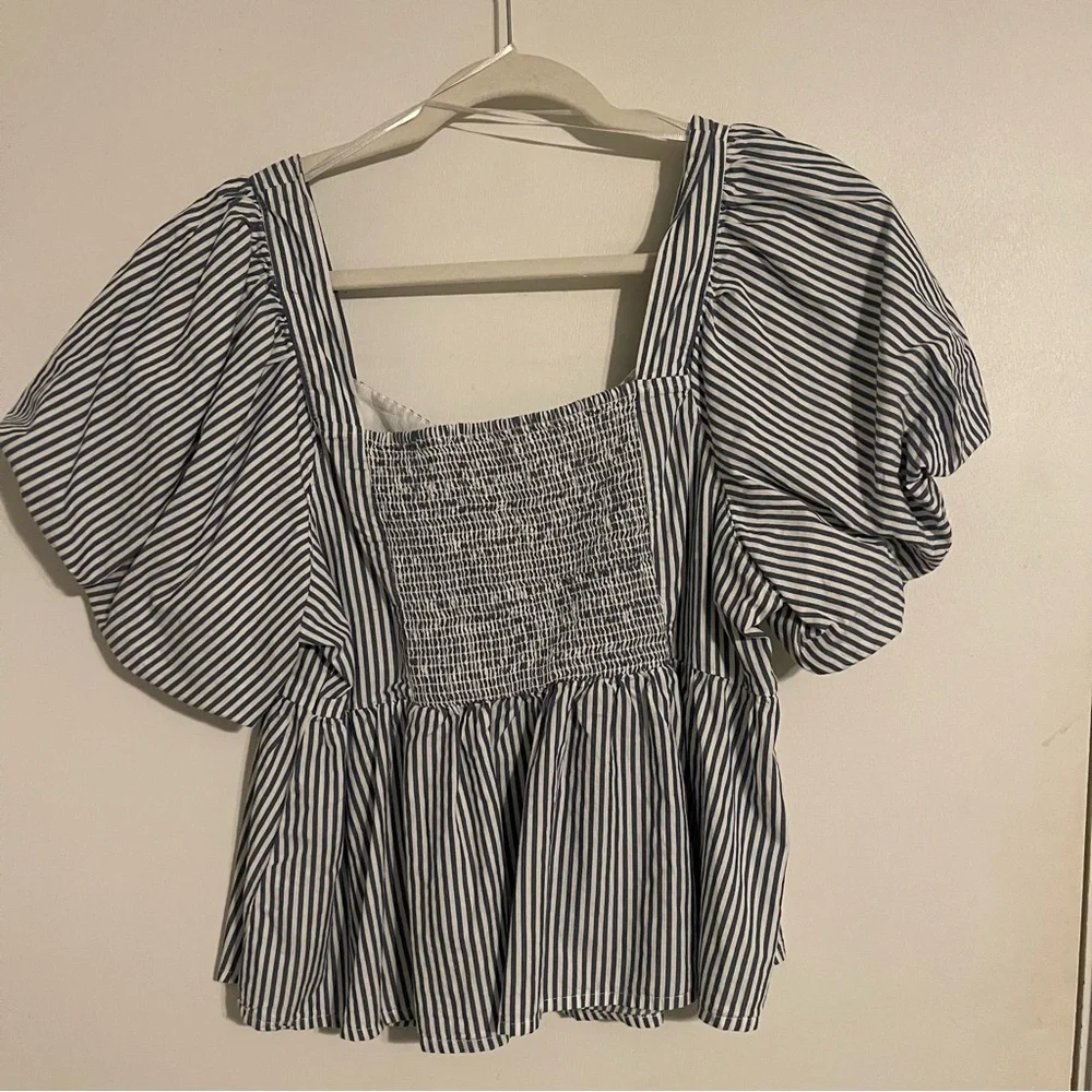 Old Navy | Striped Blue and White Smocked Babydoll Swing Top | Women L